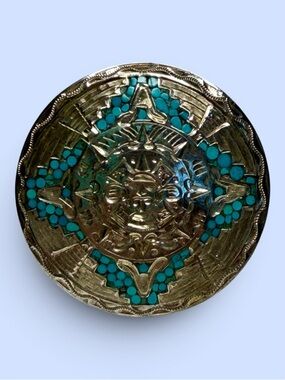 Mexico .925 Sterling Turquoise Inlay Brooch Pendant Aztec Sun God Marked JFG VTG